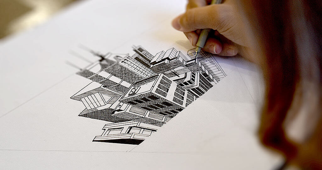 Marbella design academy facilities student close up technical drawing - Marbella Design Academy